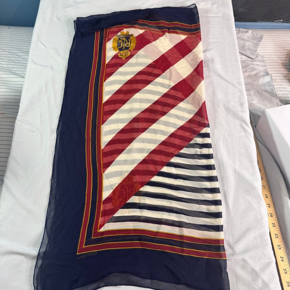 Vintage Ralph Lauren Nautical Crest Flag Sheer Scarf Navy Red White Large - Picture 5 of 8